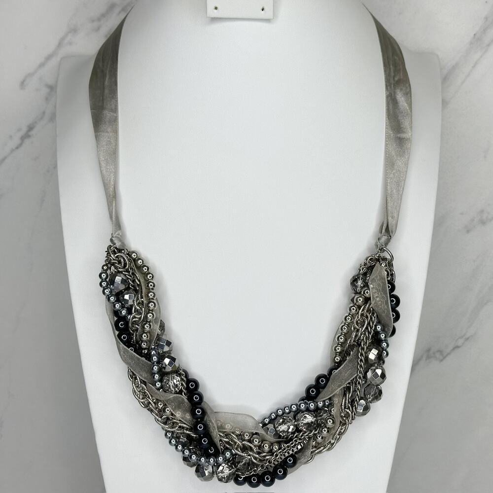 Chunky Multi Strand Silver Beaded Bib Necklace Gray Satin Ribbon Tie ✨